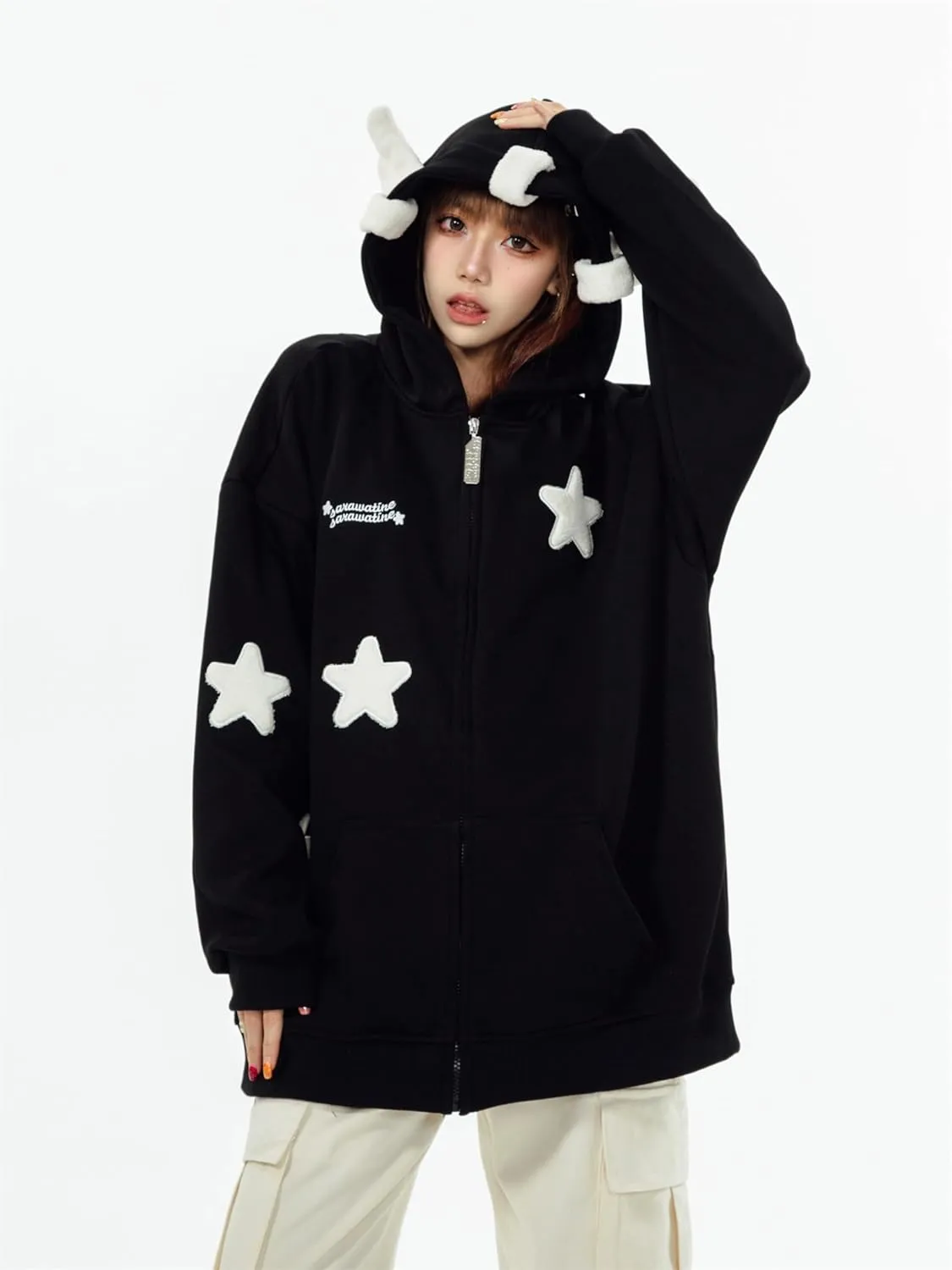Womans Kawaii Oversized Zip Up Hoodie Y2k Angel Wings Star Aesthetic Harajuku Sweatshirts 90S Vintage Streetwear