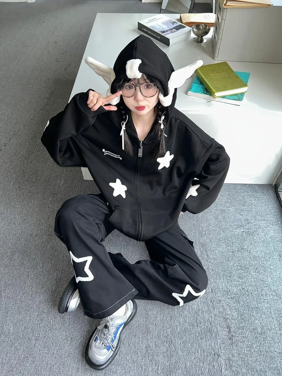 Womans Kawaii Oversized Zip Up Hoodie Y2k Angel Wings Star Aesthetic Harajuku Sweatshirts 90S Vintage Streetwear