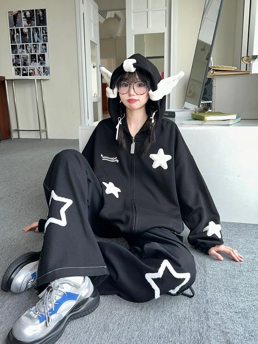 Womans Kawaii Oversized Zip Up Hoodie Y2k Angel Wings Star Aesthetic Harajuku Sweatshirts 90S Vintage Streetwear