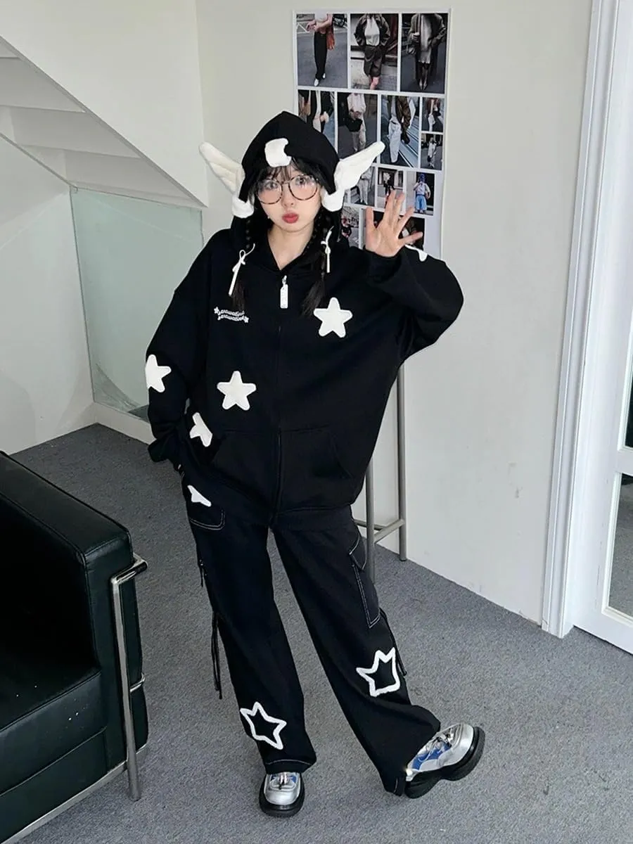 Womans Kawaii Oversized Zip Up Hoodie Y2k Angel Wings Star Aesthetic Harajuku Sweatshirts 90S Vintage Streetwear