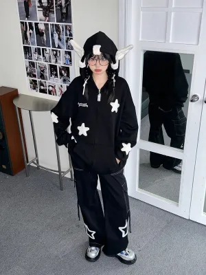 Womans Kawaii Oversized Zip Up Hoodie Y2k Angel Wings Star Aesthetic Harajuku Sweatshirts 90S Vintage Streetwear