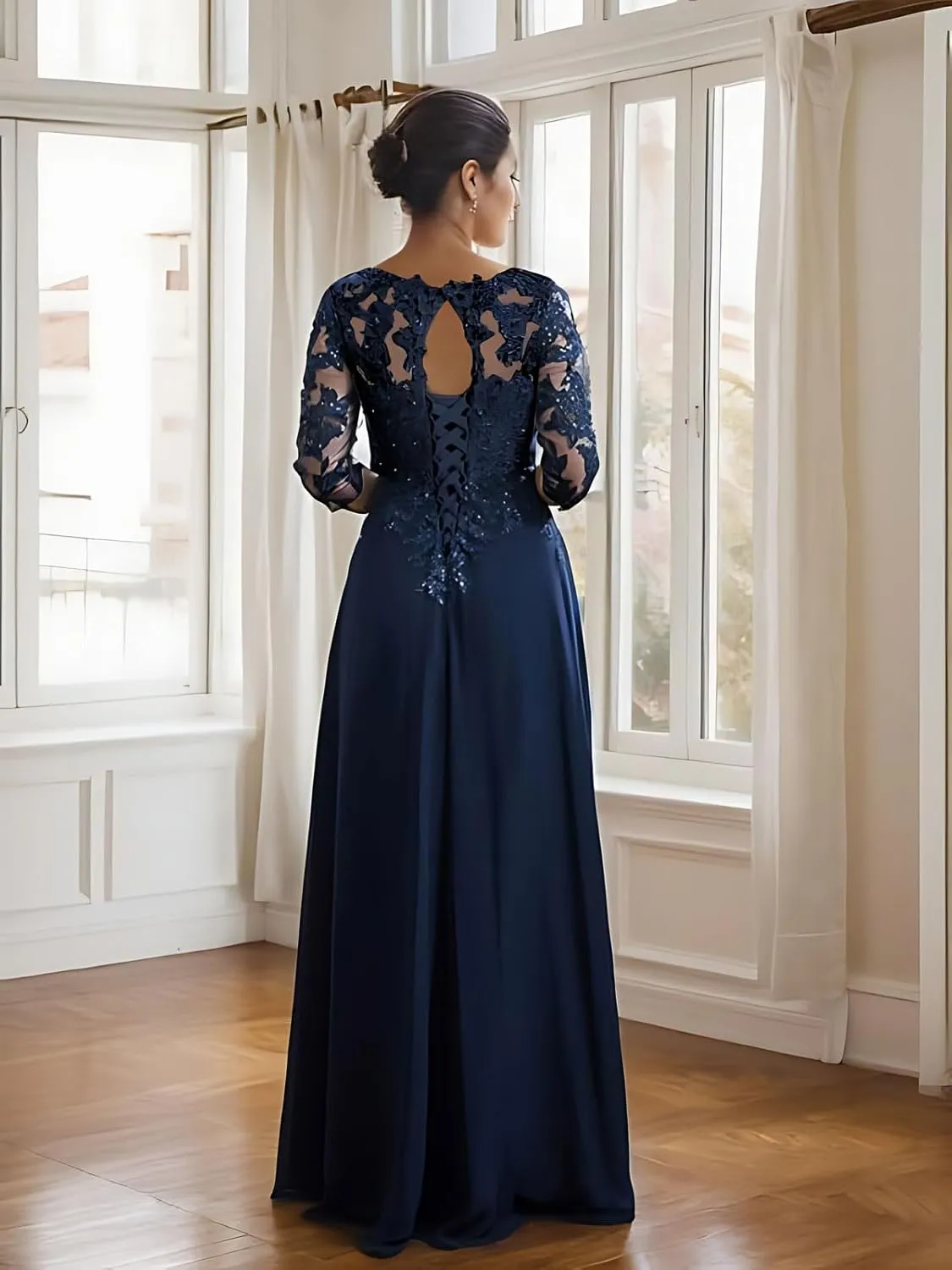 Women Appliques Lace Mother of The Bride Dresses for Wedding Elegant V Neck 3/4 Sleeves Formal Evening Gown