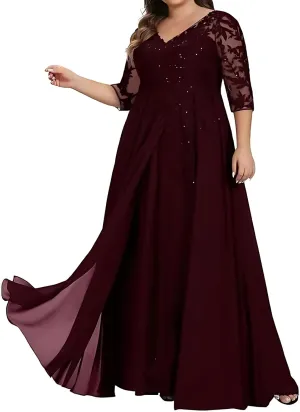 Women Appliques Lace Mother of The Bride Dresses for Wedding Elegant V Neck 3/4 Sleeves Formal Evening Gown