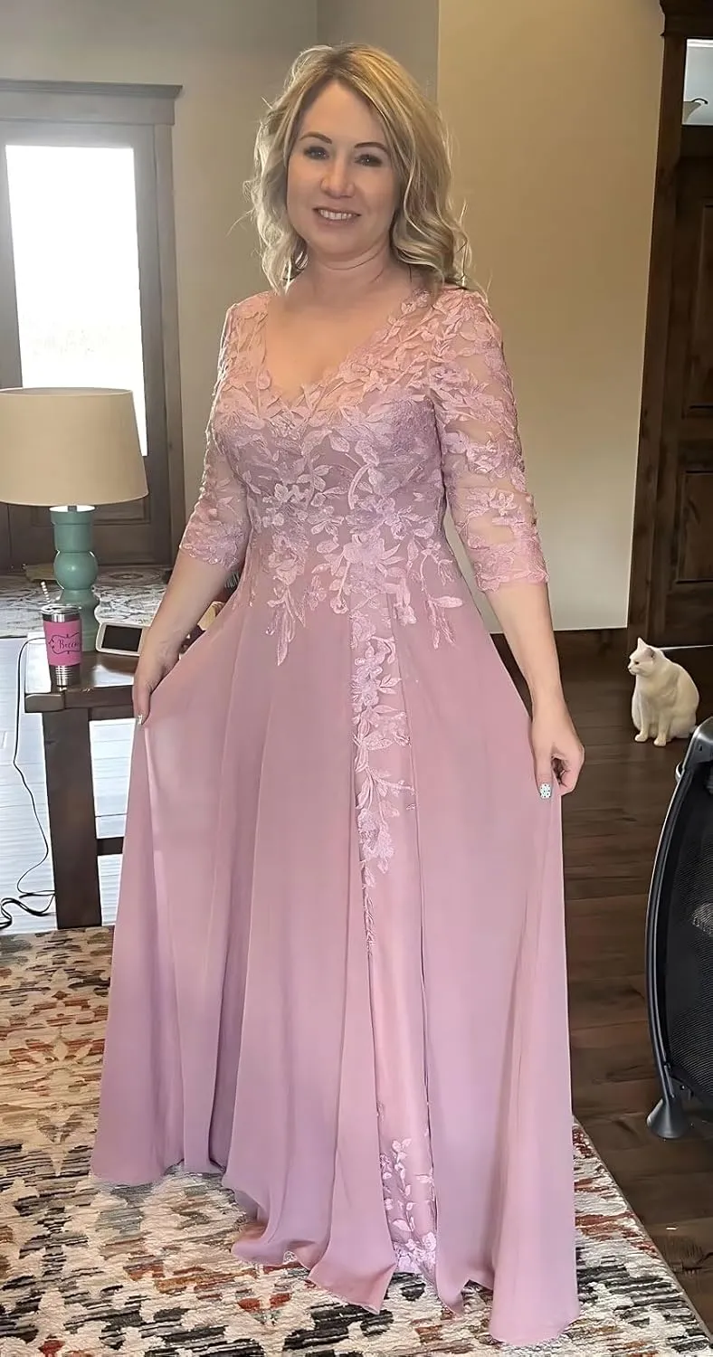 Women Appliques Lace Mother of The Bride Dresses for Wedding Elegant V Neck 3/4 Sleeves Formal Evening Gown