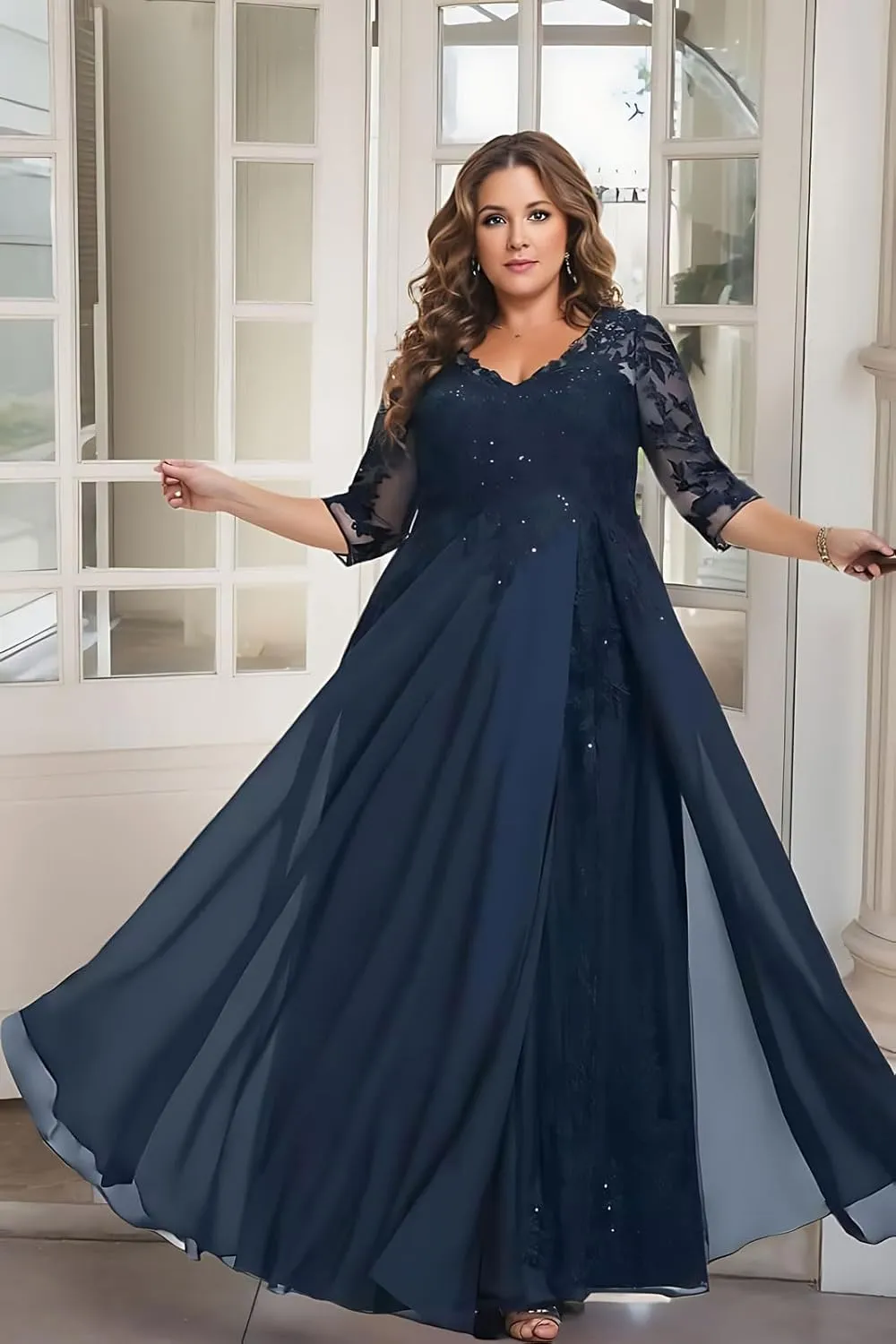 Women Appliques Lace Mother of The Bride Dresses for Wedding Elegant V Neck 3/4 Sleeves Formal Evening Gown