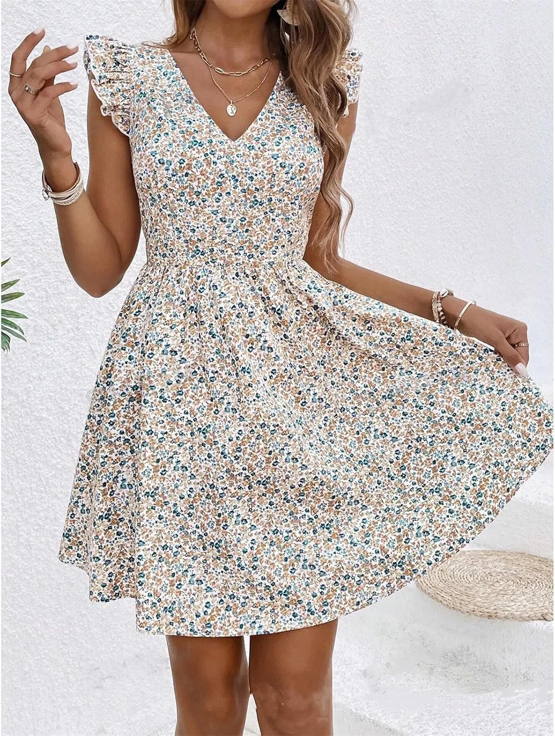 Women Boho Floral Mini Dress Backless Bow Knot Puff Sleeve A-line Short V Neck Ruffle Mini Flowy Dress