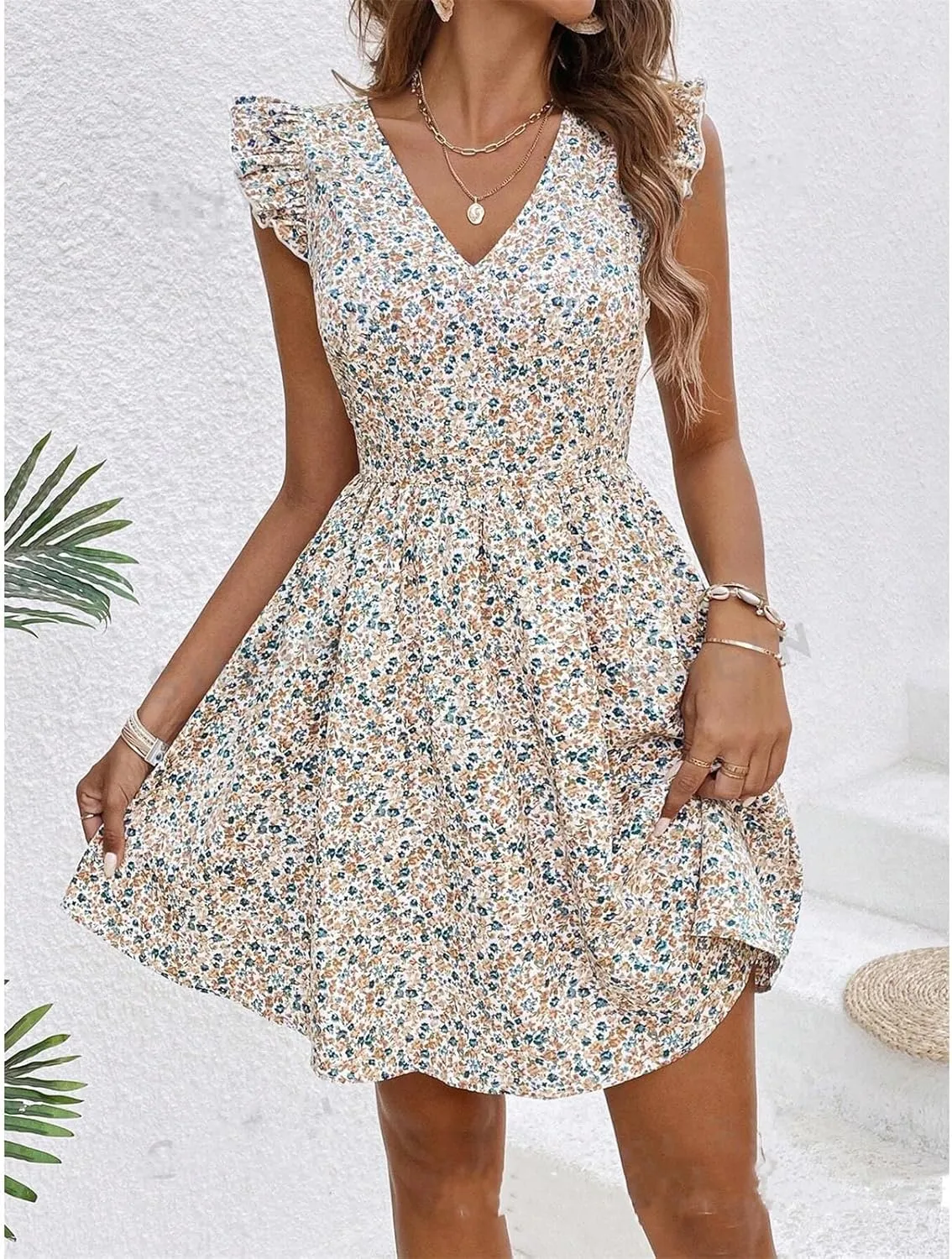 Women Boho Floral Mini Dress Backless Bow Knot Puff Sleeve A-line Short V Neck Ruffle Mini Flowy Dress