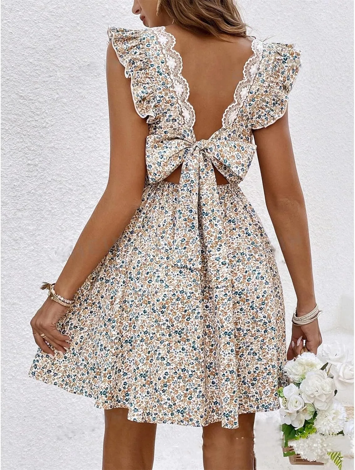 Women Boho Floral Mini Dress Backless Bow Knot Puff Sleeve A-line Short V Neck Ruffle Mini Flowy Dress