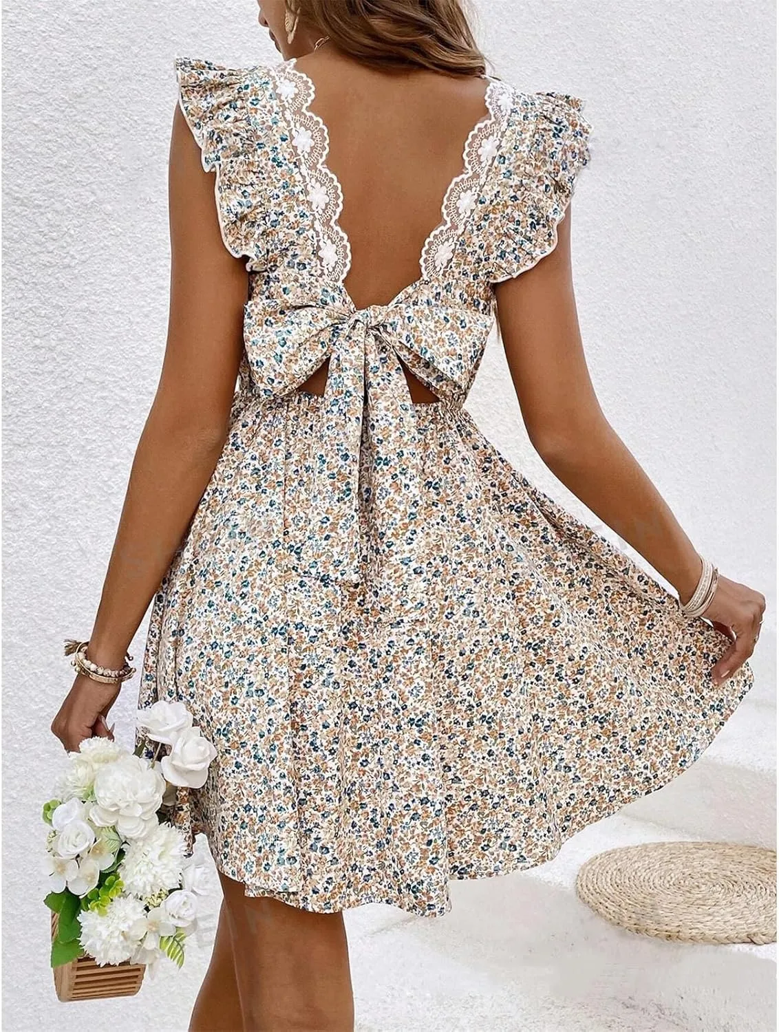 Women Boho Floral Mini Dress Backless Bow Knot Puff Sleeve A-line Short V Neck Ruffle Mini Flowy Dress