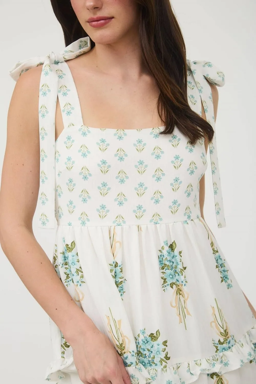 Women Boho Tie Shoulder Maxi Dress Y2k Floral Smocked Ruffle Long Dress Summer Tiered Swing Flowy Sundress