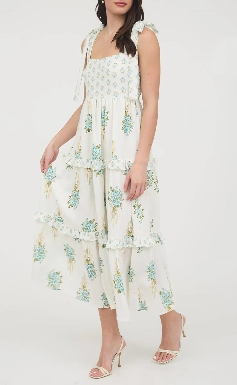 Women Boho Tie Shoulder Maxi Dress Y2k Floral Smocked Ruffle Long Dress Summer Tiered Swing Flowy Sundress