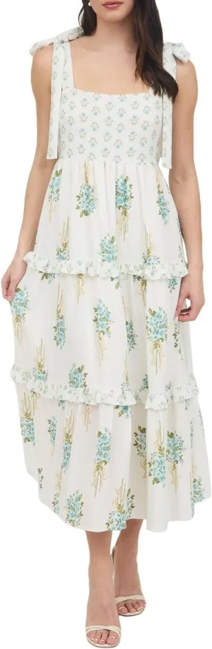 Women Boho Tie Shoulder Maxi Dress Y2k Floral Smocked Ruffle Long Dress Summer Tiered Swing Flowy Sundress