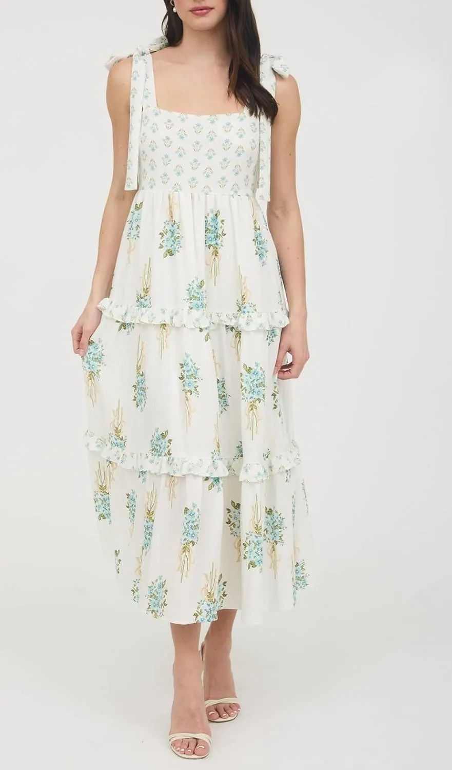 Women Boho Tie Shoulder Maxi Dress Y2k Floral Smocked Ruffle Long Dress Summer Tiered Swing Flowy Sundress