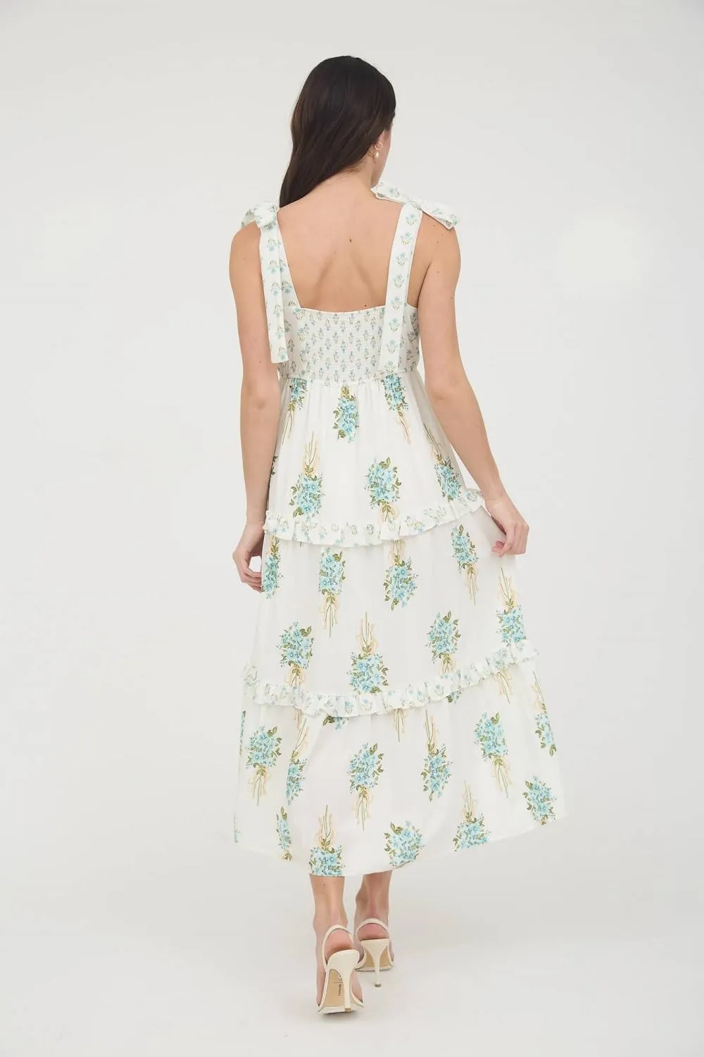 Women Boho Tie Shoulder Maxi Dress Y2k Floral Smocked Ruffle Long Dress Summer Tiered Swing Flowy Sundress