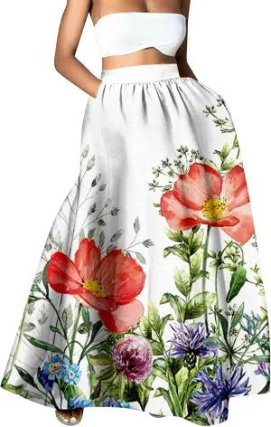 Women Casual Boho Floral Maxi Skirt Elastic High Waist Tiered Pleated Flowy Long Summer Beach Skirt
