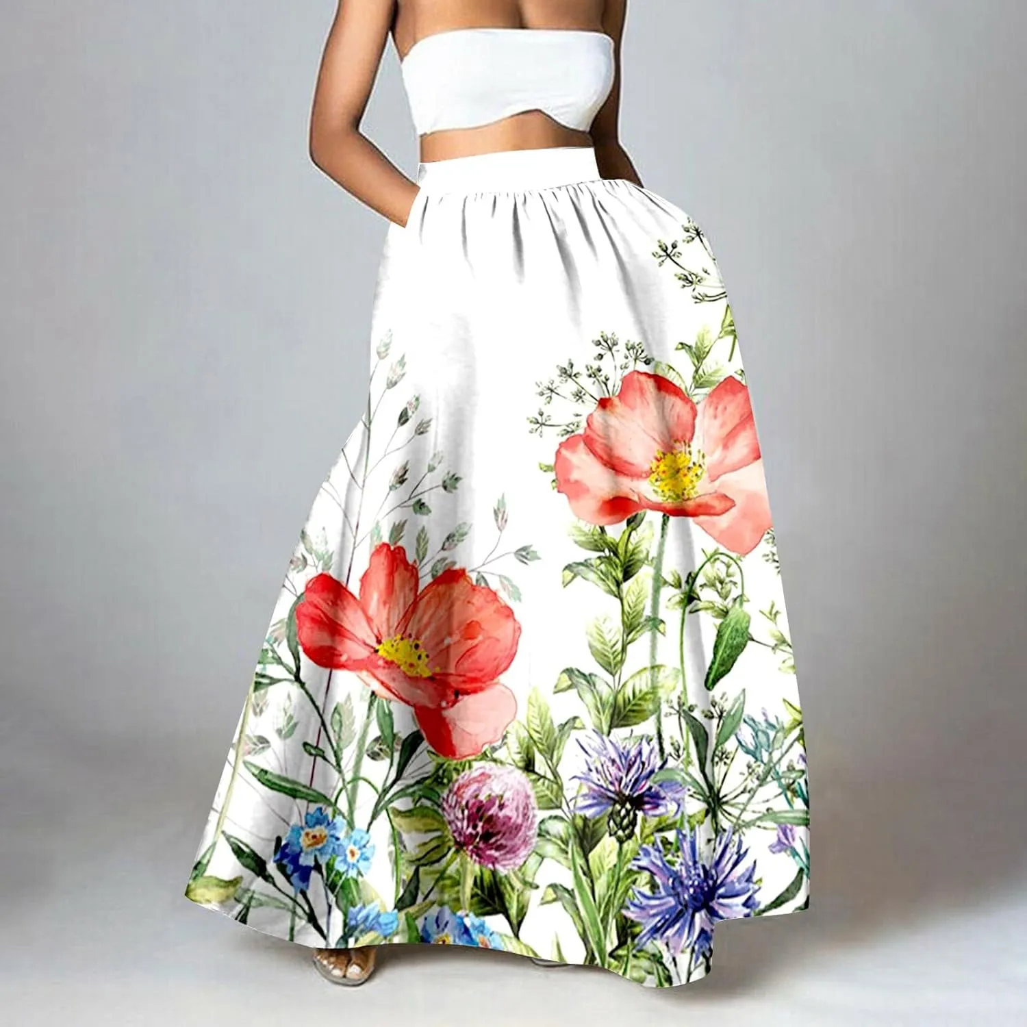 Women Casual Boho Floral Maxi Skirt Elastic High Waist Tiered Pleated Flowy Long Summer Beach Skirt