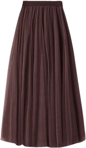 Women Loose Mid Length Party Dance High Waisted Tulle A Line Skirt Solid Color Holiday Party Large Swing Skirts
