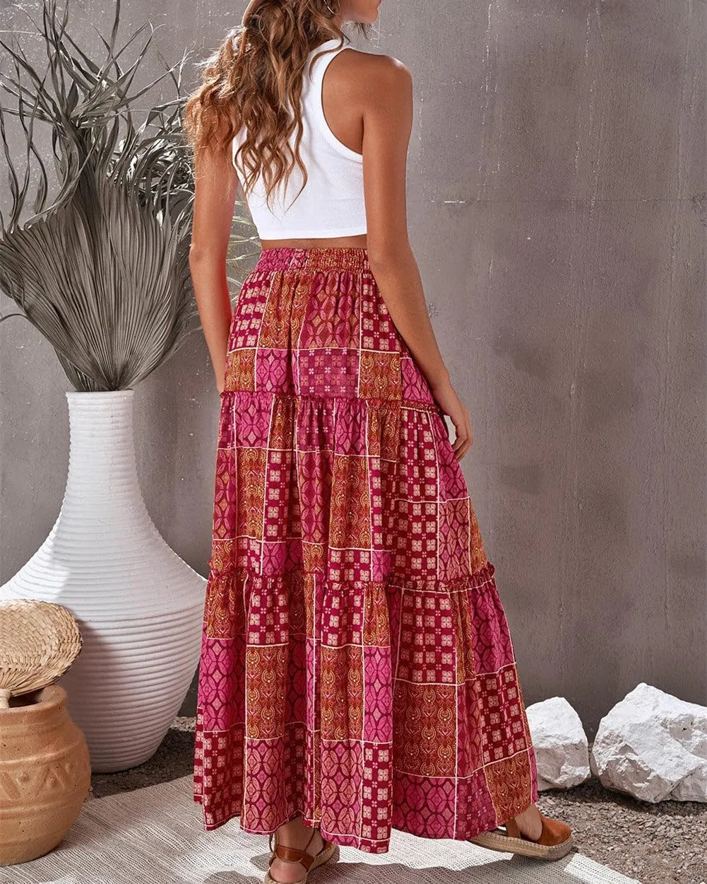 Women Maxi Skirt Casual High Elastic Waisted A Line Pleated Flowy Ruffle Tiered Boho Floral Bohemian Long Skirt
