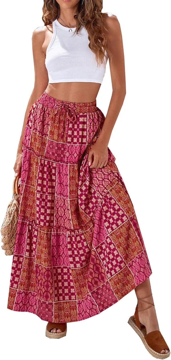 Women Maxi Skirt Casual High Elastic Waisted A Line Pleated Flowy Ruffle Tiered Boho Floral Bohemian Long Skirt