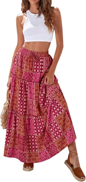 Women Maxi Skirt Casual High Elastic Waisted A Line Pleated Flowy Ruffle Tiered Boho Floral Bohemian Long Skirt