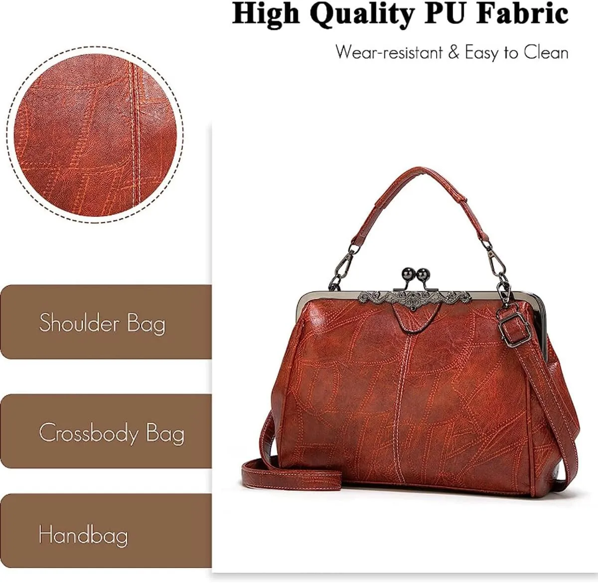 Women Retro Hollow Oil Wax PU Leather Handbag Multiple Collocations Handbags Kiss Lock Messenger Bag