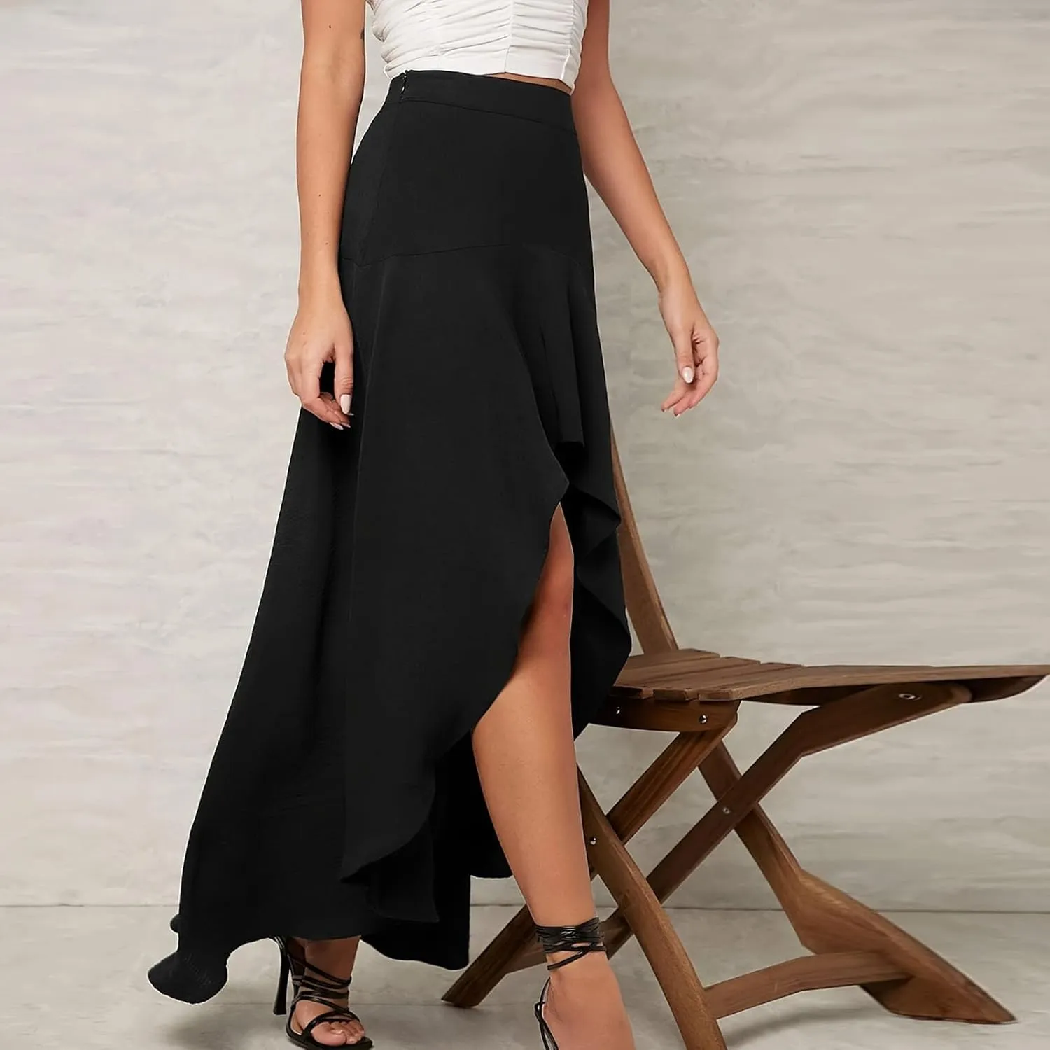 Women Ruffle Swing Skirt 2025 Fashion Mesh High Waist Flowy Irregular Hem Skirts Solid Color High Waisted Midi Skirt