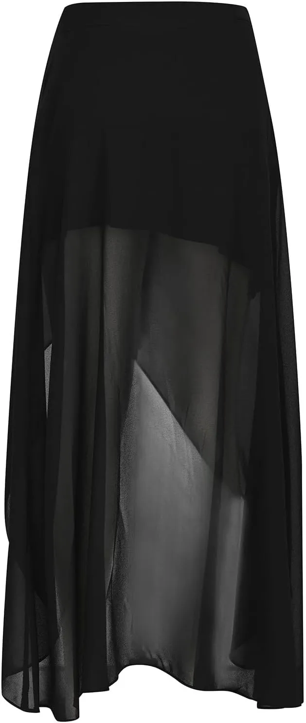 Women Ruffle Swing Skirt 2025 Fashion Mesh High Waist Flowy Irregular Hem Skirts Solid Color High Waisted Midi Skirt