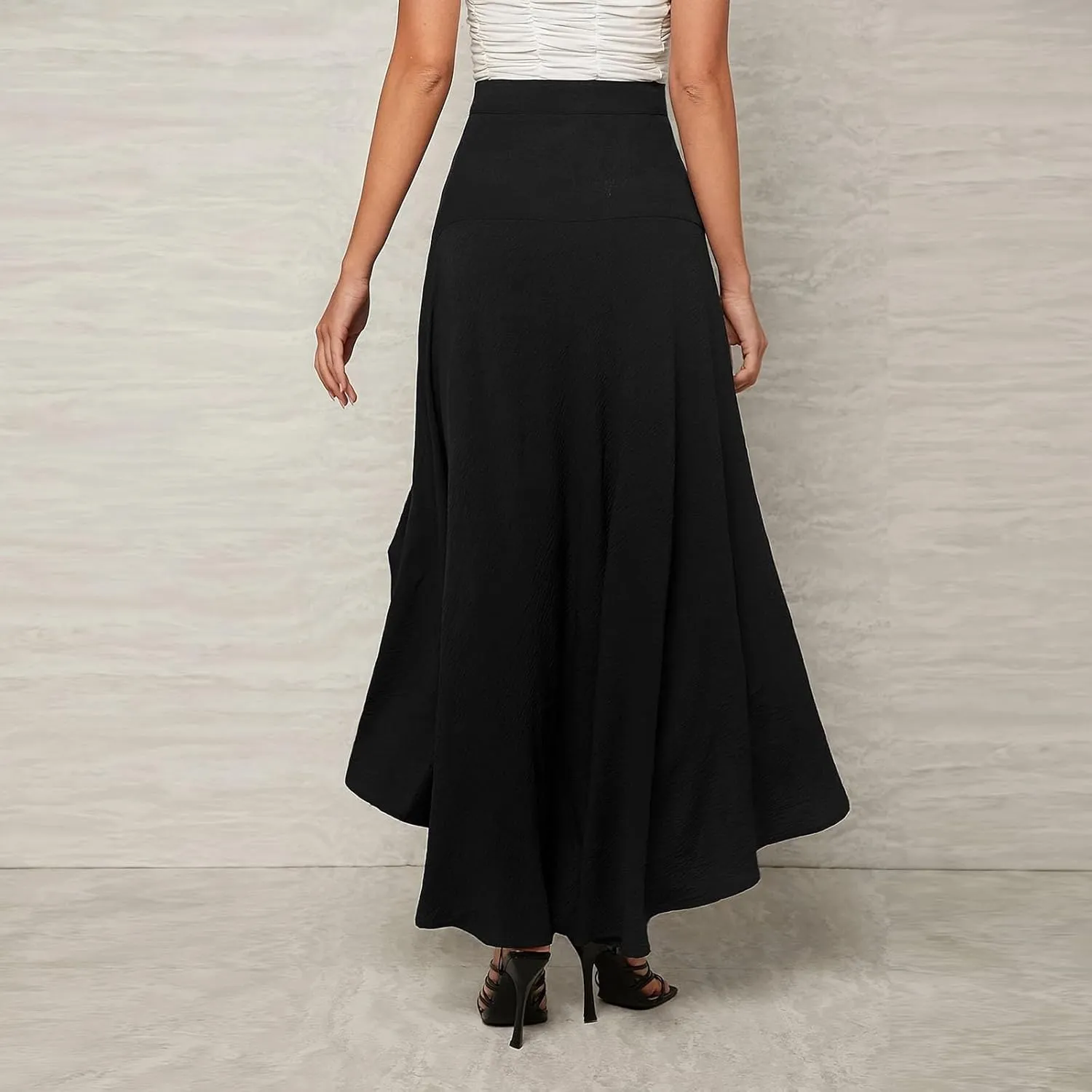 Women Ruffle Swing Skirt 2025 Fashion Mesh High Waist Flowy Irregular Hem Skirts Solid Color High Waisted Midi Skirt