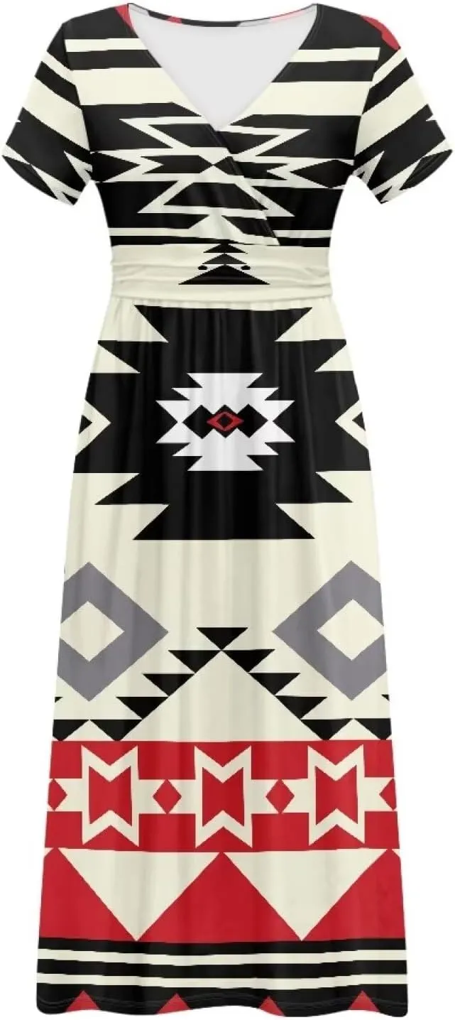 Women Short Sleeve V-Neck Polynesian Tribal Samoa Puletasi Long Dress Pleated Waist Maxi Dresses with Pockets