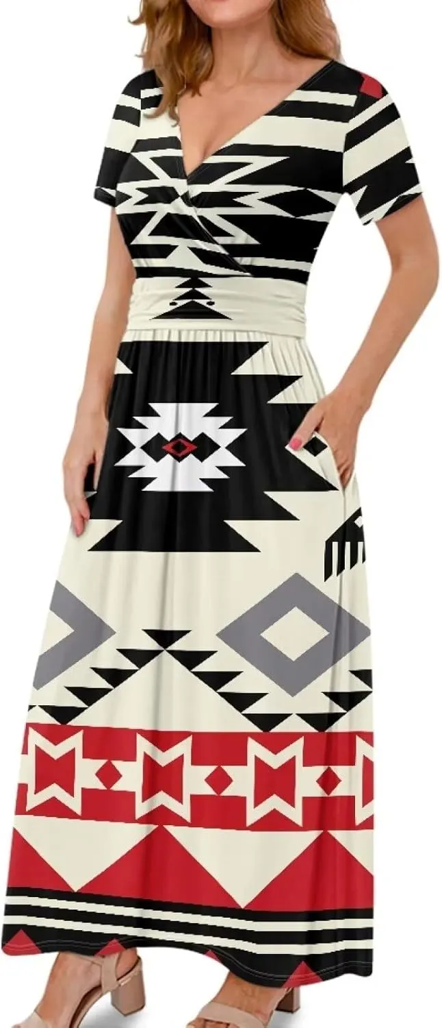 Women Short Sleeve V-Neck Polynesian Tribal Samoa Puletasi Long Dress Pleated Waist Maxi Dresses with Pockets