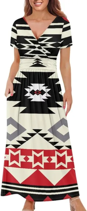 Women Short Sleeve V-Neck Polynesian Tribal Samoa Puletasi Long Dress Pleated Waist Maxi Dresses with Pockets