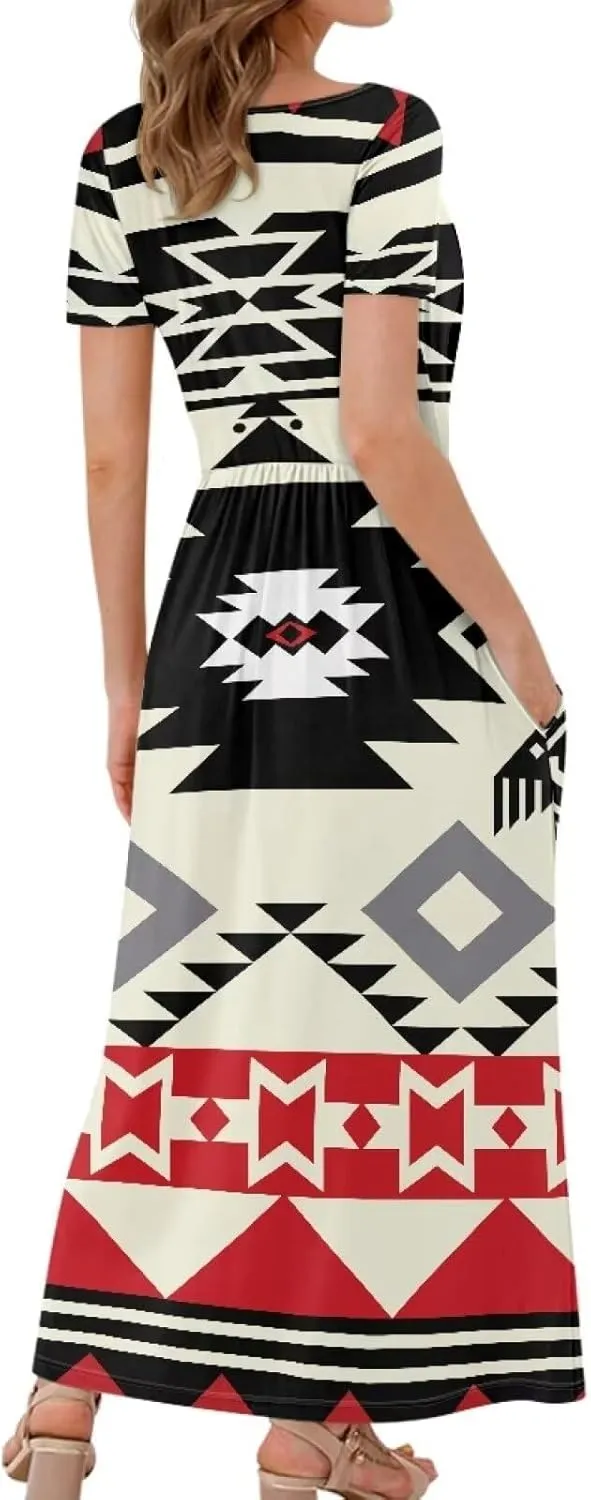 Women Short Sleeve V-Neck Polynesian Tribal Samoa Puletasi Long Dress Pleated Waist Maxi Dresses with Pockets
