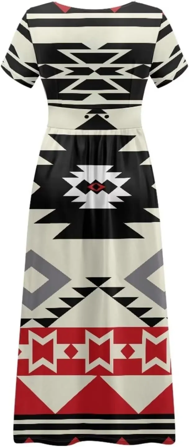 Women Short Sleeve V-Neck Polynesian Tribal Samoa Puletasi Long Dress Pleated Waist Maxi Dresses with Pockets