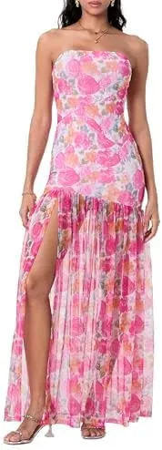 Women Strapless Maxi Dress Boho Floral Print Flowy Long Tube Dress Off Shoulder Loose Beach Sundress