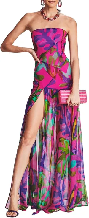 Women Strapless Maxi Dress Boho Floral Print Flowy Long Tube Dress Off Shoulder Loose Beach Sundress