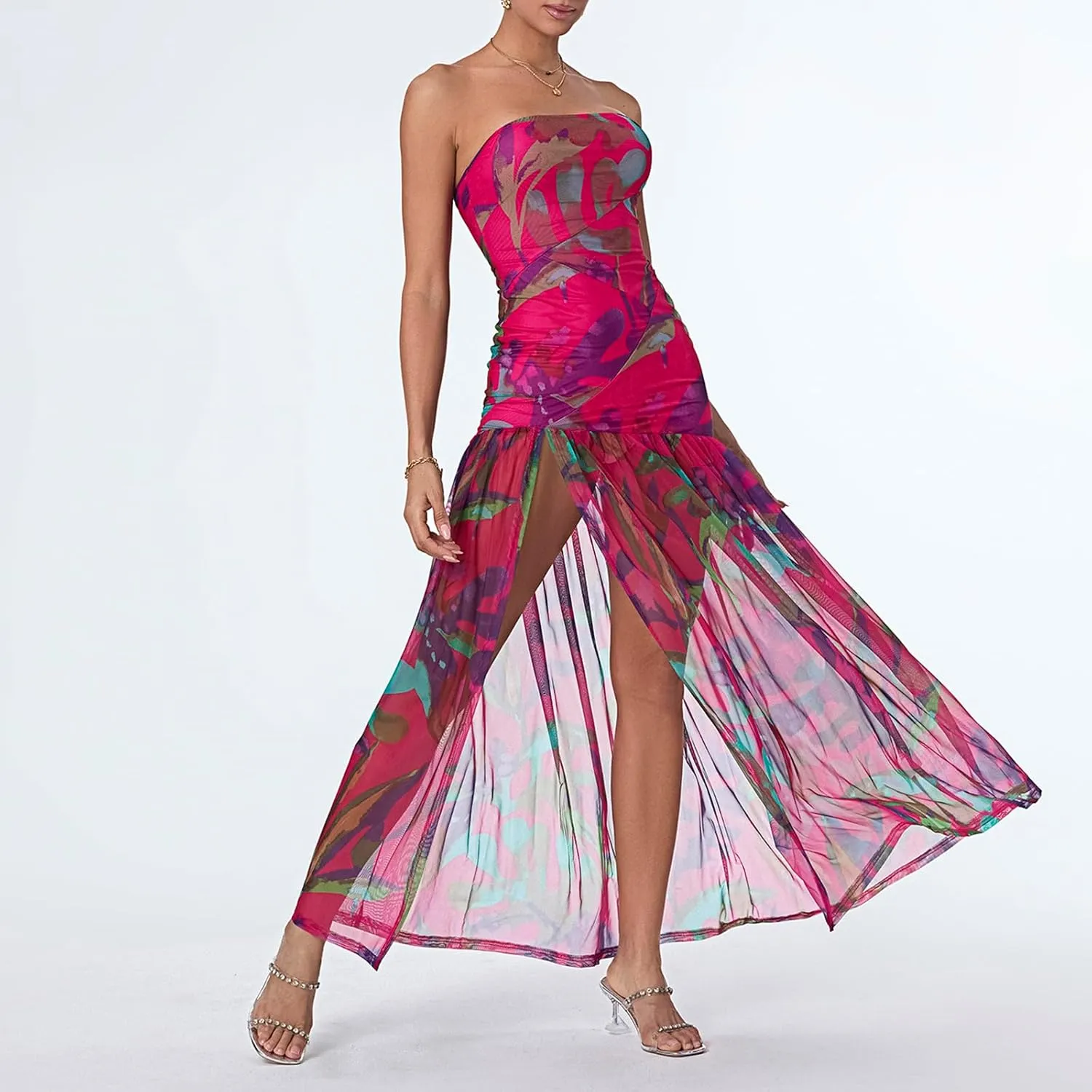 Women Strapless Maxi Dress Boho Floral Print Flowy Long Tube Dress Off Shoulder Loose Beach Sundress