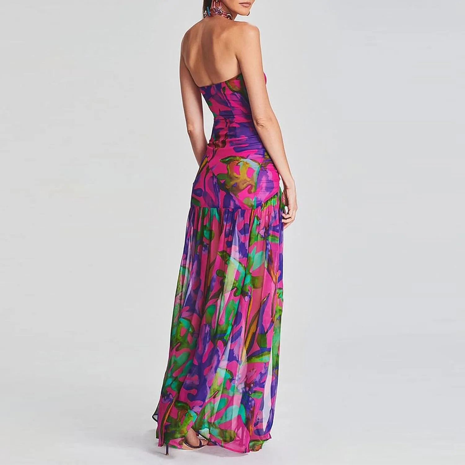 Women Strapless Maxi Dress Boho Floral Print Flowy Long Tube Dress Off Shoulder Loose Beach Sundress