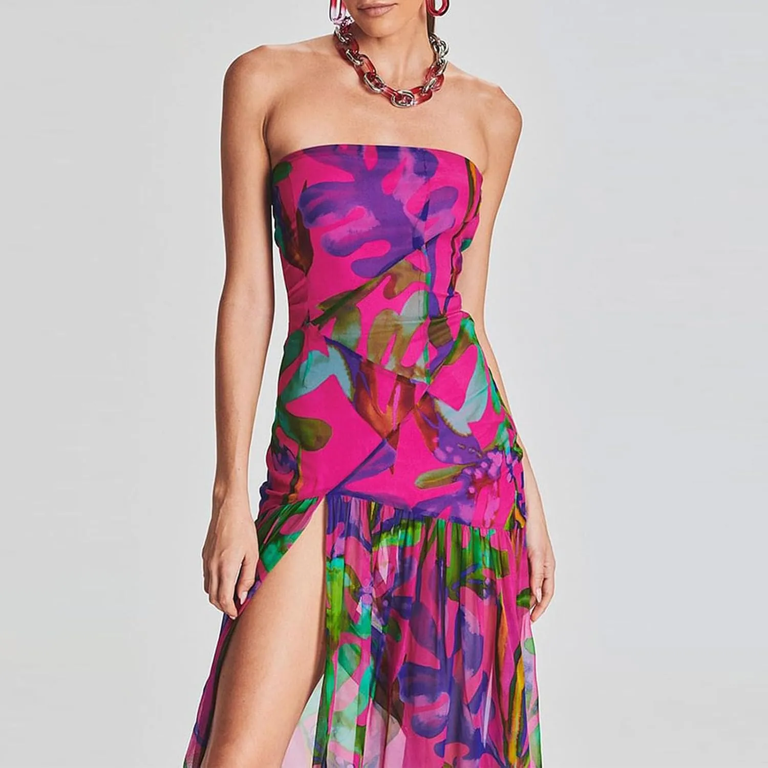 Women Strapless Maxi Dress Boho Floral Print Flowy Long Tube Dress Off Shoulder Loose Beach Sundress