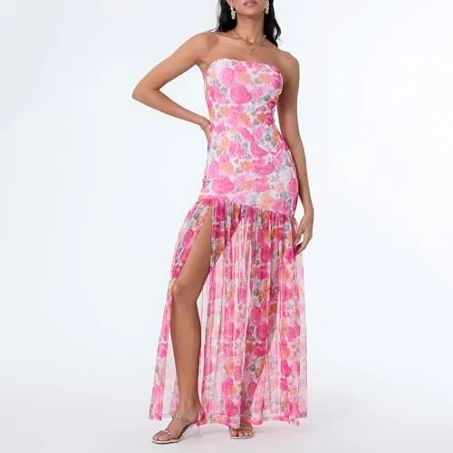 Women Strapless Maxi Dress Boho Floral Print Flowy Long Tube Dress Off Shoulder Loose Beach Sundress