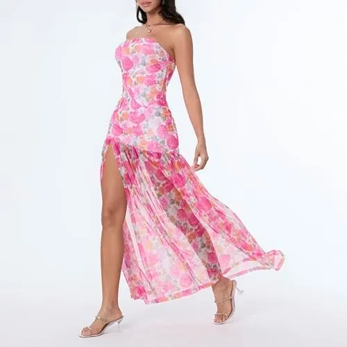 Women Strapless Maxi Dress Boho Floral Print Flowy Long Tube Dress Off Shoulder Loose Beach Sundress
