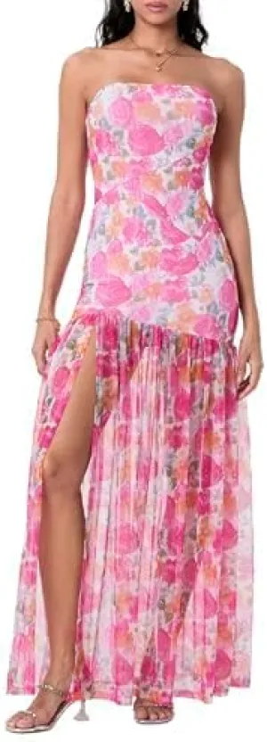 Women Strapless Maxi Dress Boho Floral Print Flowy Long Tube Dress Off Shoulder Loose Beach Sundress