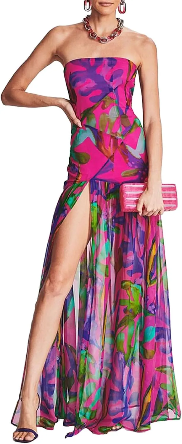 Women Strapless Maxi Dress Boho Floral Print Flowy Long Tube Dress Off Shoulder Loose Beach Sundress