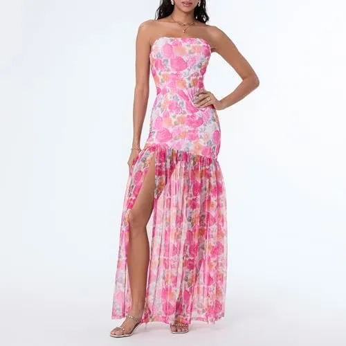 Women Strapless Maxi Dress Boho Floral Print Flowy Long Tube Dress Off Shoulder Loose Beach Sundress