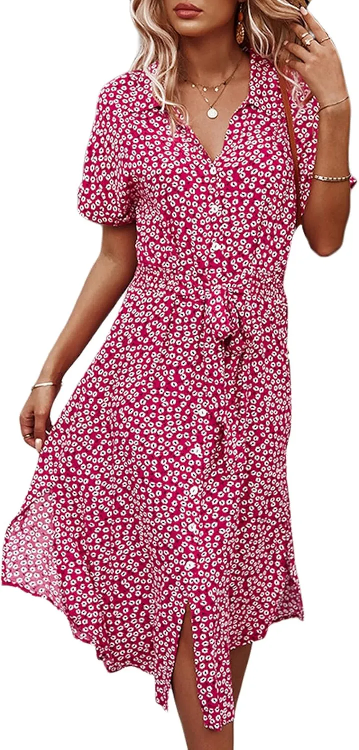 Women Summer Boho Short Sleeve Floral Maxi Dress V Neck Ruffle Bohemian Swing Beach Dresses Sundress