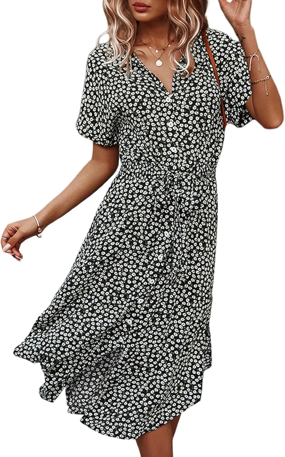 Women Summer Boho Short Sleeve Floral Maxi Dress V Neck Ruffle Bohemian Swing Beach Dresses Sundress