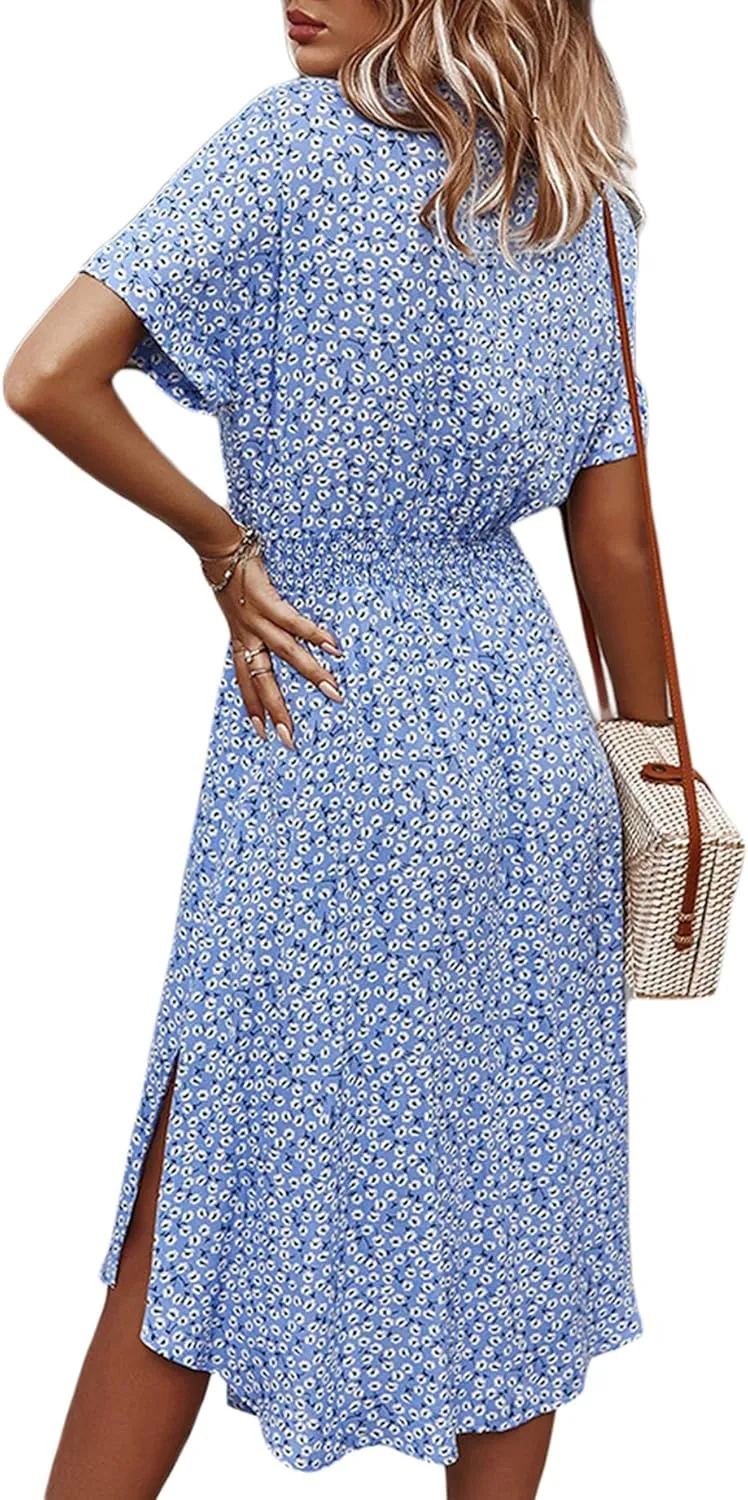Women Summer Boho Short Sleeve Floral Maxi Dress V Neck Ruffle Bohemian Swing Beach Dresses Sundress