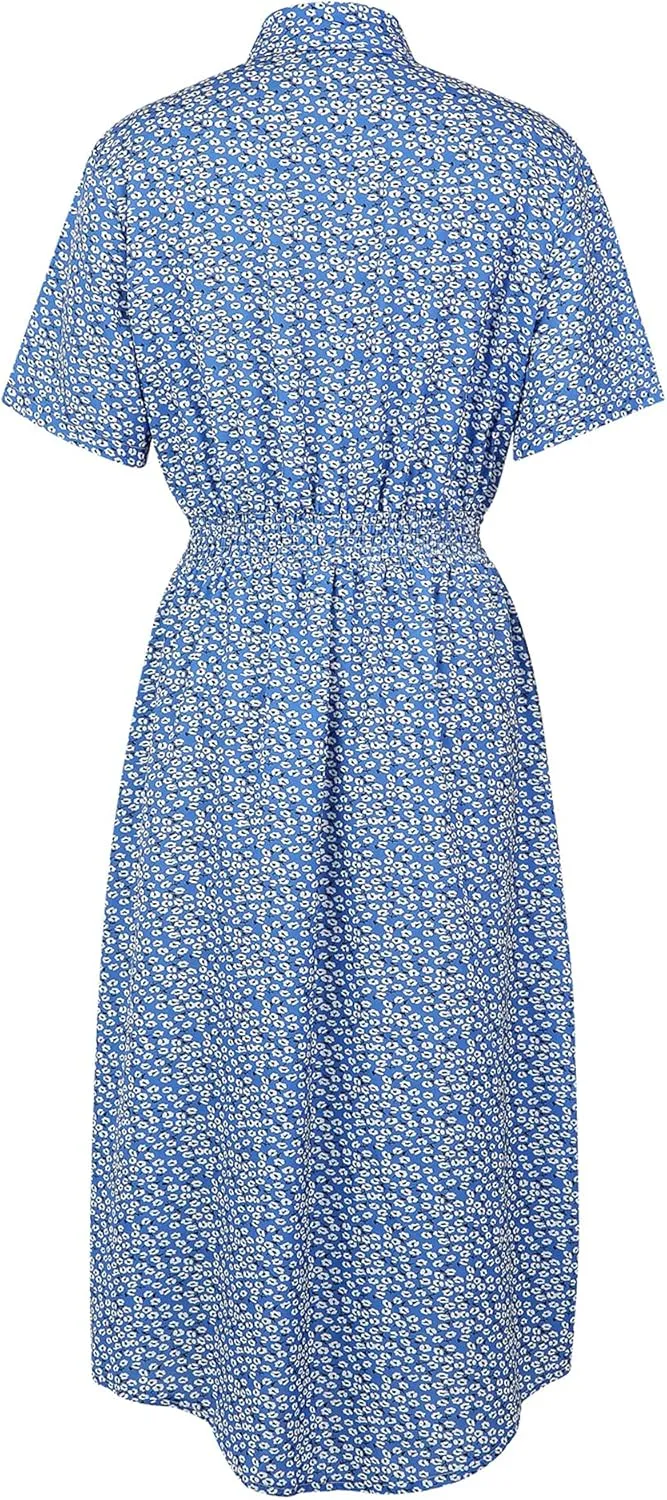 Women Summer Boho Short Sleeve Floral Maxi Dress V Neck Ruffle Bohemian Swing Beach Dresses Sundress