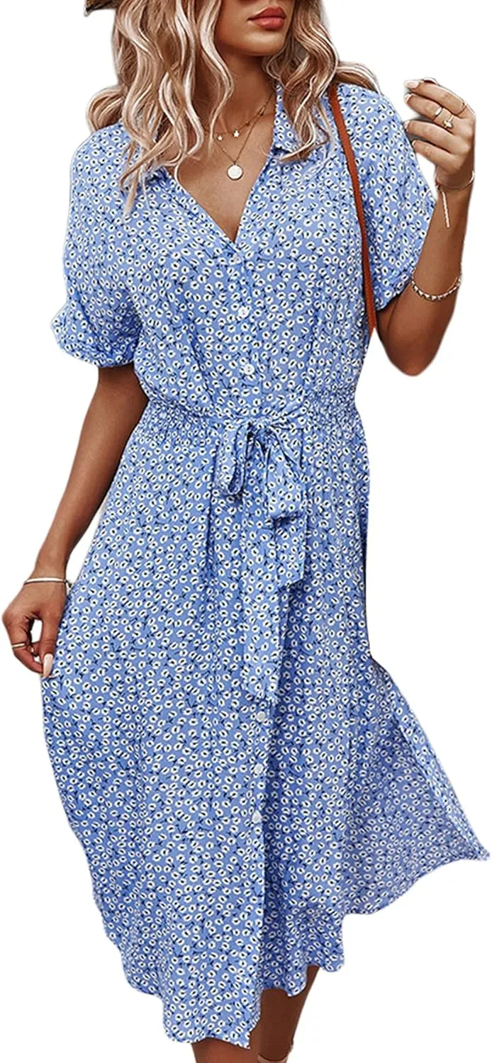 Women Summer Boho Short Sleeve Floral Maxi Dress V Neck Ruffle Bohemian Swing Beach Dresses Sundress