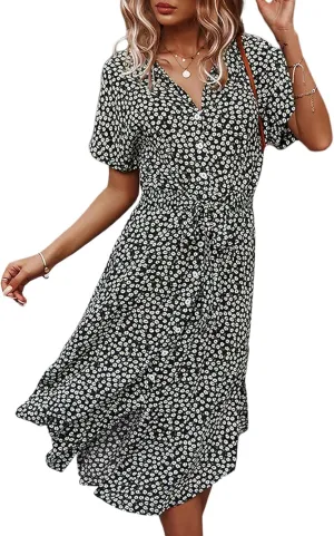 Women Summer Boho Short Sleeve Floral Maxi Dress V Neck Ruffle Bohemian Swing Beach Dresses Sundress
