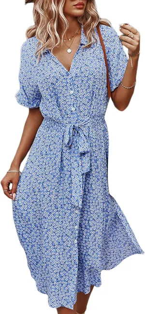 Women Summer Boho Short Sleeve Floral Maxi Dress V Neck Ruffle Bohemian Swing Beach Dresses Sundress
